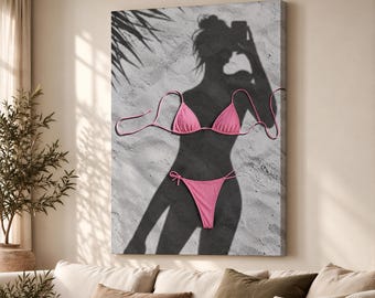 Pink Bikini Beach Canvas Print, Tropical Palm Shadow Wall Art