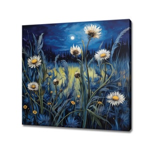 Field Of Cornflowers Under The Moon Oil Painting Style Canvas Print Wall Hanging, Living Room Decor, Modern Design Floral Art Print