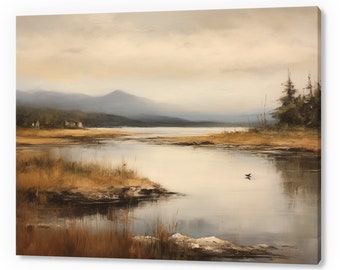 Vintage Lake Mountains Country Landscape, Antique Countryside Print, Moody Painting Canvas Print, Living Room Wall Art, Farmhouse Decor Art