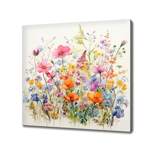 Bright Colourful Wildflowers Field Painting Style Canvas Print Wall Hanging, Living Room Decor, Modern Design Floral Art Print