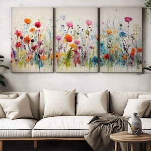 Colourful Wildflowers Canvas Print, Set of three wall art, Floral Wall Hanging Gift, Handmade Art Print, Fast Turnaround