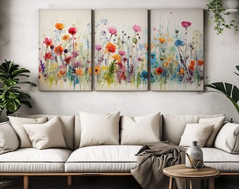 Impression sur toile de fleurs sauvages colorées, lot de trois oeuvres d'art murales, cadeau floral à suspendre, impression d'art faite main, délai d'exécution rapide