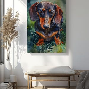 Watercolour Dachshund canvas print wall art, colourful dog painting on canvas, pet lover gift, Pet portrait wall decor