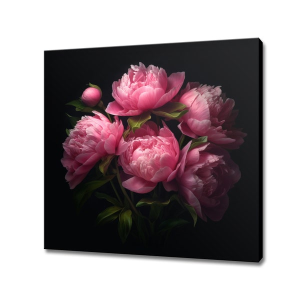 Vintage rosa oscuro peonía flores ramo pintura al óleo estilo lienzo impresión pared colgante, decoración de la sala de estar, diseño moderno impresión de arte floral