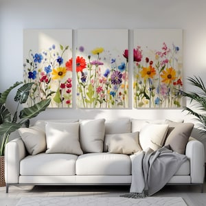 Colourful Wildflowers Canvas Print, Set of three wall art, Floral Wall Hanging Gift, Handmade Art Print, Fast Turnaround