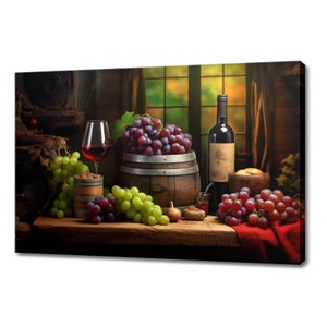 Vintage Bottle Of Red Wine Colourful Grapes Tuscany Winery Canvas Print, Wine Lover Gift, Kitchen Restaurant Wall Art Print, Wine Wall Decor