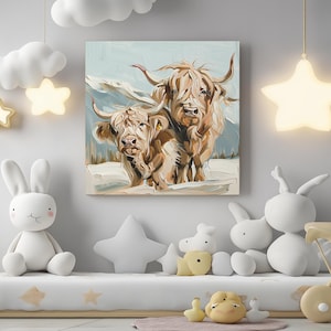 Highland Cattle and Calf Canvas Print – Scottish Cow Pastel Wall Art – Bold Farmhouse Animal Decor for Rustic or Modern Interiors