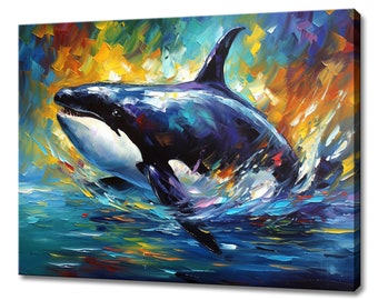 May include: A painting of a black and white orca whale leaping out of the water. The water is a vibrant blue with splashes of yellow, orange, and red.