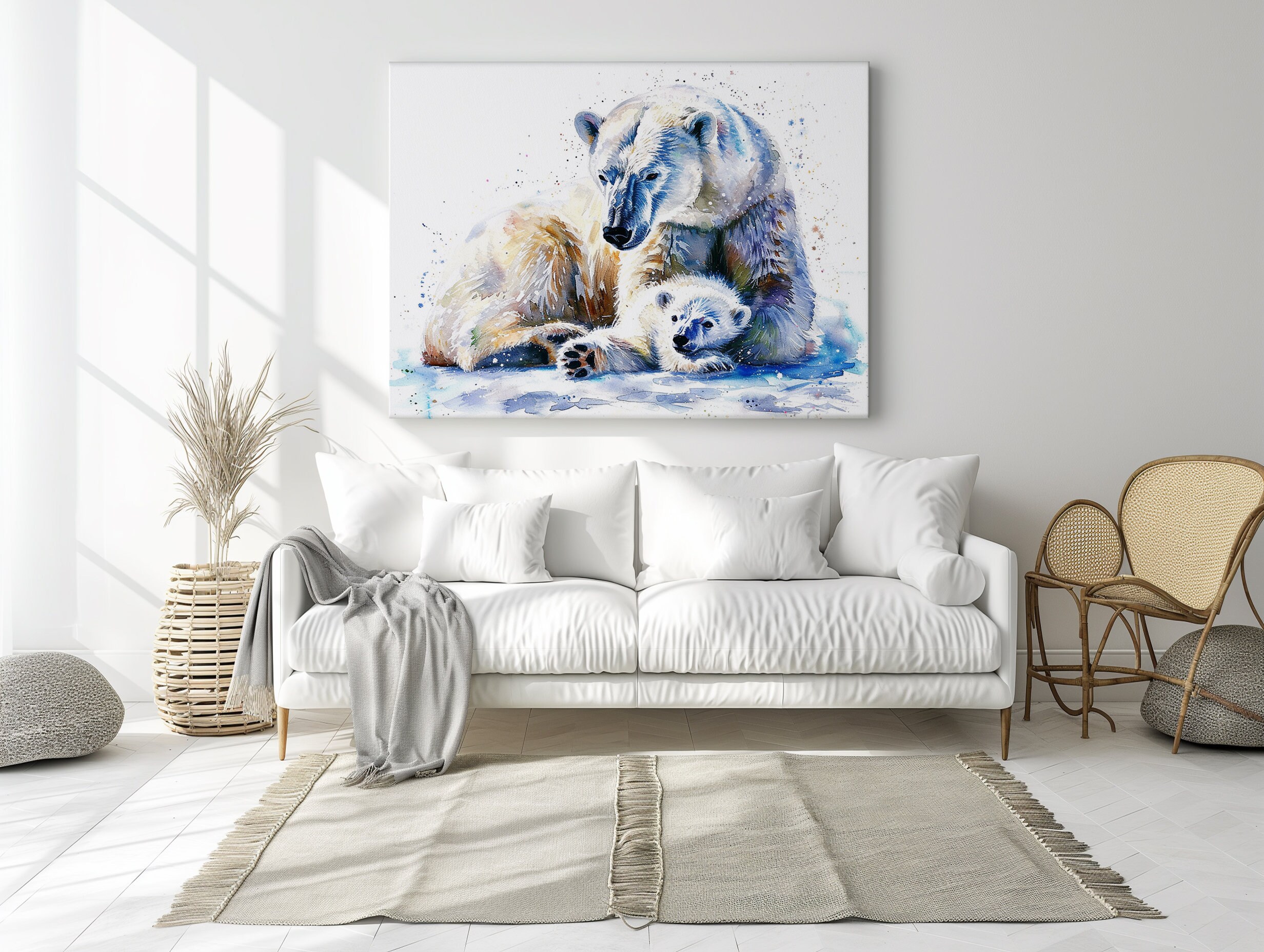 Watercolour Polar Bear Canvas Print, Large Wildlife Wall Art, Home