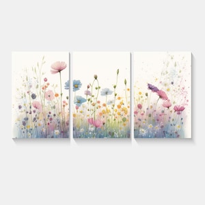 Wildflowers Colourful Pastel, Three Panel Floral Canvas Wall Art Set – Modern Triptych Print on Canvas – Gallery Wrapped & Ready to Hang