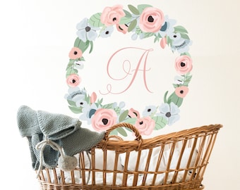 Sweet Pea Monogram Wreath, Wallpaper, floral decal, Peel and stick wallpaper, Decal, removable wallpaper, floral wallpaper, boho