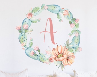 Cactus Monogram wreath, Peel and stick wallpaper, decal, removable wallpaper, floral wallpaper, nursery, kids, wreath, monogram, bedroom