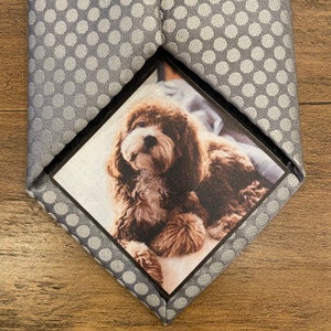May include: A gray patterned tie with a square-shaped photo of a brown and white dog with its head tilted to the side.