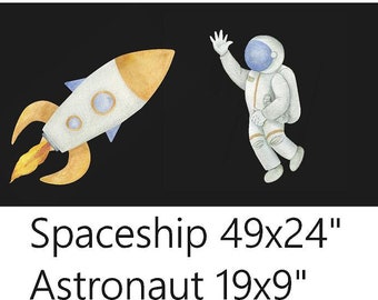 outerspace, rocket, astronaut, spaceship, decals, playroom, nursery, peel and stick wallpaper, removable, reusable, kids, watercolor