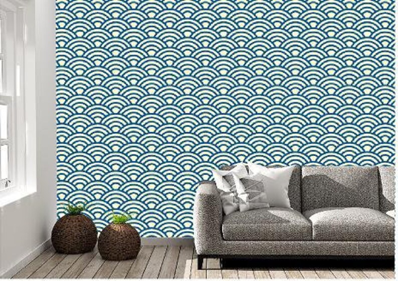 Turquoise graphic shells peel and stick wallpaper modern | Etsy