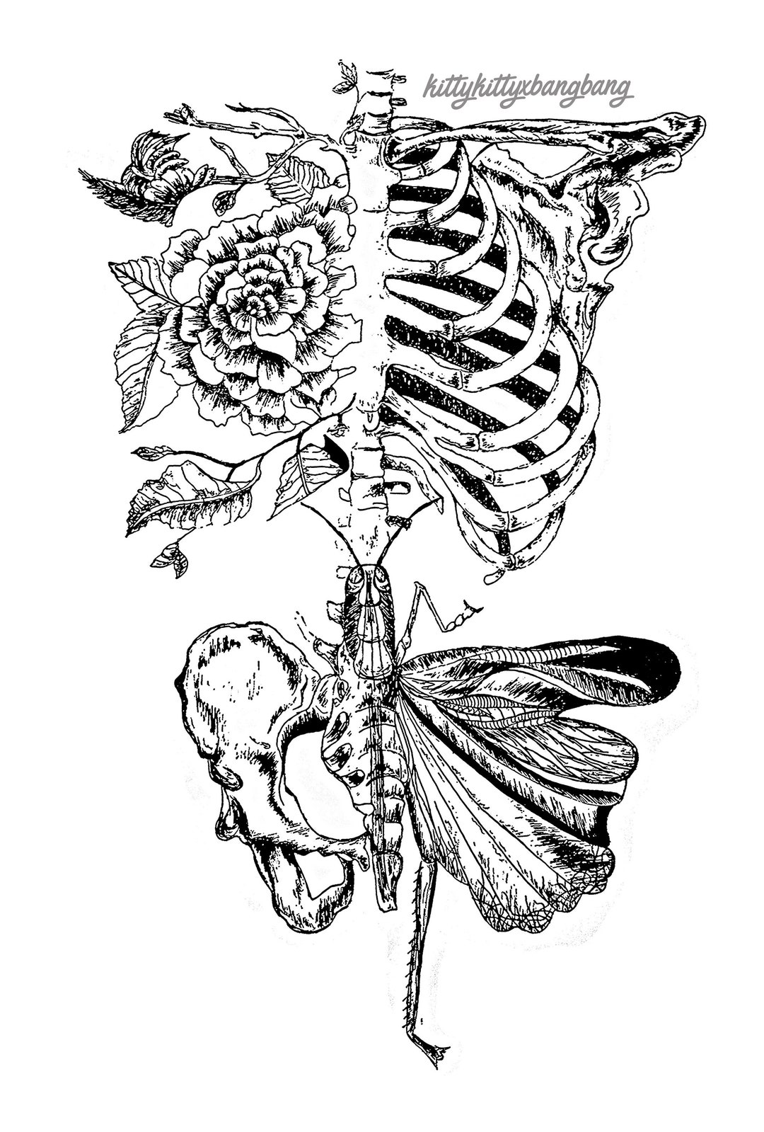 Half Alive Ink Pen Drawing Skeleton Bones Flowers - Etsy