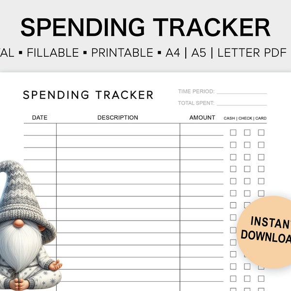 Zen Gnome Spending Tracker | Instant Download PDF | Printable, Writable, Digital, Fillable | Financial, Budget, Expense Planner | 3 Sizes