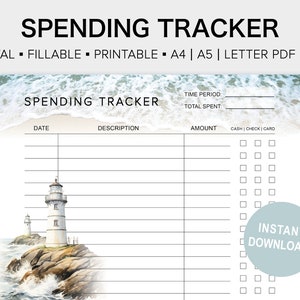 May include: A printable spending tracker with a watercolor illustration of a lighthouse on a rocky shore. The tracker includes columns for date, description, amount, and payment method. The text "INSTANT DOWNLOAD!" is in a blue circle at the bottom right corner.
