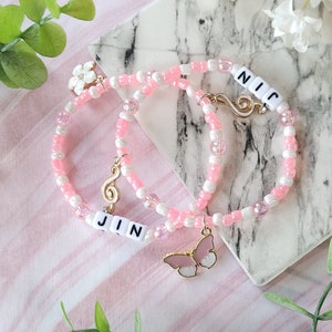 Jin inspired Butterfly & Sakura Charm BTS Bracelets (2 Versions!), Kpop fan merch, gift for army, BTS Seokjin with free art photocard!