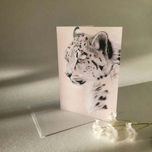 Cartes de voeux vierges originales d'art léopard des neiges avec enveloppe blanche | Merci / Anniversaire / Toutes les occasions | Beaux-arts | Petite carte de 3,5 x 5 pouces
