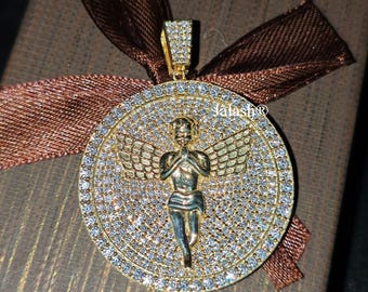 Moissanite Angel Medallion Pendant: Gold-Tone Divine Protection Jewelry