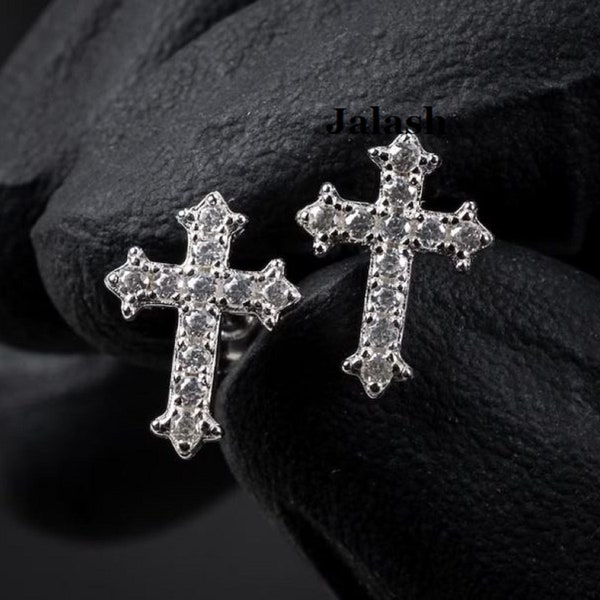 Men's Real Moissanite 0.50 cts Cross Stud Earrings 14k White Gold Plated Diamond Tester Pass 100 % Recycled 925 silver