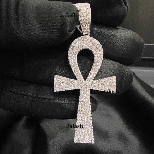 Men's Iced Out Ankh Cross Pendant /Real Moissanite Diamond Tester Pass Ank Pendant /14k White Gold Plated Recycled 925 Silver 2.5" Charm