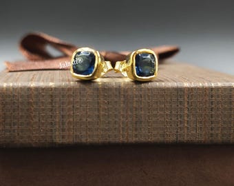 Blue Sapphire Cushion Stud Earrings: Yellow Gold Plated Sterling Silver