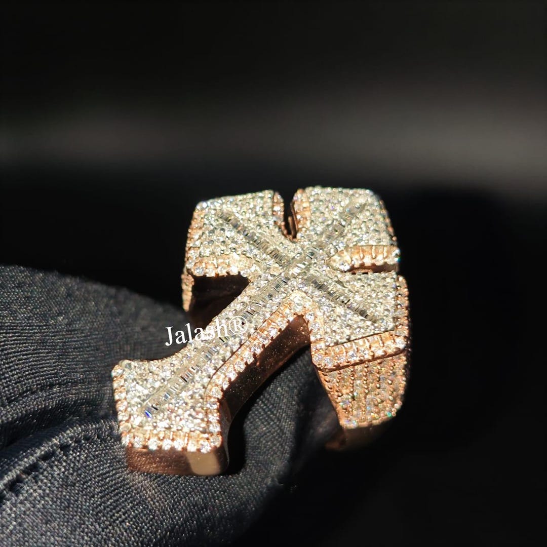 Baugette Rapper Ring Father's Day Special Gift / Baguette VVS Moissanite Cross Ring / Rapper ...