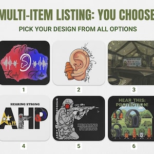 May include: A multi-item listing display featuring six distinct graphic designs. The images include an ear with sound waves, a cartoon ear with an earplug, a military tent scene, the text AHP, a soldier with a rifle, and various hearing protection gear.
