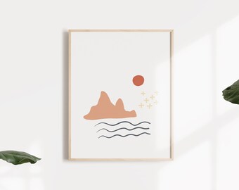 Mountain Lake Star and Sun Illustration Art Home Decor Wall Hanging Instant Download Digital File