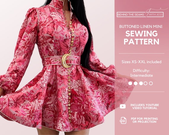 Buttoned Linen Mini Dress With Belt, Long Sleeve, Size XS-XXL - Digital Sewing Pattern With Video Tutorial - Behind the Seams With Jess - Etsy Buttoned Linen Mini Dress With Belt, Long Sleeve, Size XS-XXL - Digital Sewing Pattern With Video Tutorial - Behind the Seams With Jess - Etsy