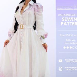 Peut inclure: Patron de couture pour robe maxi blanche à col avec imprimé floral. Le patron comprend les tailles XS-XXL et un tutoriel vidéo YouTube. Le patron est disponible en format PDF pour impression ou projection.