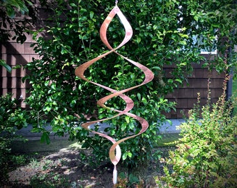 20" Hanging Pounded Copper Kinetic Wind Sculpture Double Helix