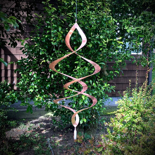 20" Hanging Pounded Copper Kinetic Wind Sculpture Double Helix