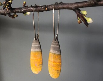 Bumble Bee Jasper Stone Drop Earrings with Hand Hammered Sterling Silver Wires