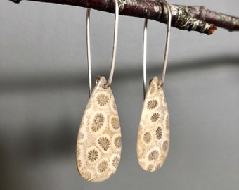 Fossilized Coral Tear Drop Stone Earrings with Hand Hammered Sterling Silver Wires