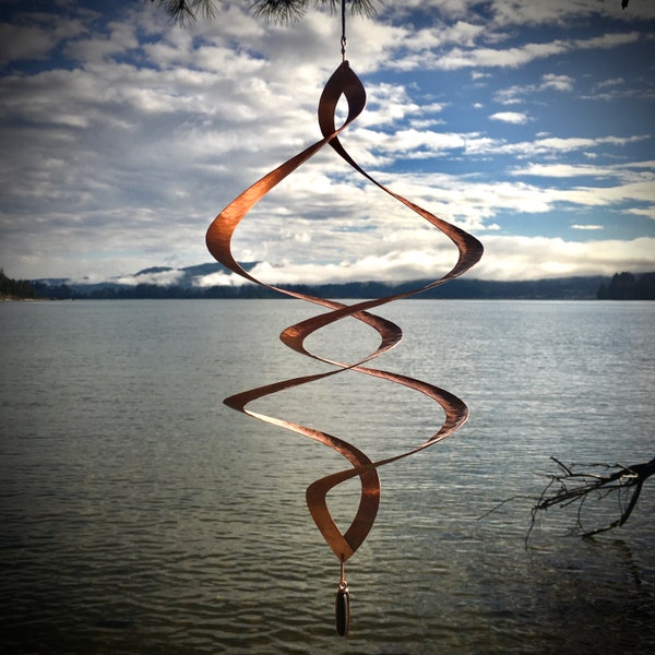 14" Hanging Pounded Copper Kinetic Wind Sculpture Double Helix
