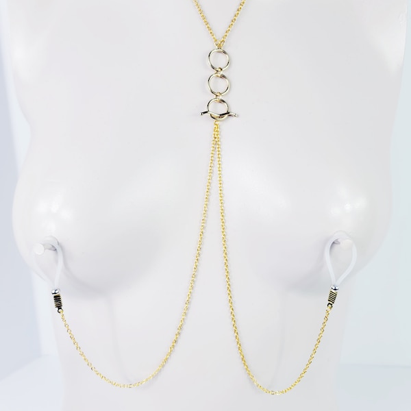 Tri Circle Necklace in Gold or Silver with Removeable Nipple Chains on Nipple Nooses or Your Choice of Nipple Clamps. MATURE, BDSM