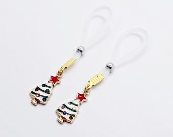 Nœuds coulants ou colliers de serrage pour tétons avec arbres de Noël. Pendentifs ou pinces à seins non perçants. Bijoux pour tétons MATURE