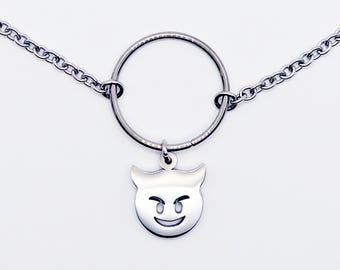 Unisex Sub Collar, Stainless Steel Circle of O with Naughty Devil Pendant. BDSM Submissive Day Collar