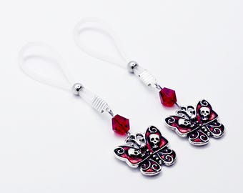 Non-Piercing Nipple Nooses or Clamps with Gothic Skull Butterflies. MATURE