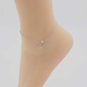 May include: A silver anklet with a small pearl charm and two dangling letter charms, 'H' and 'W'.