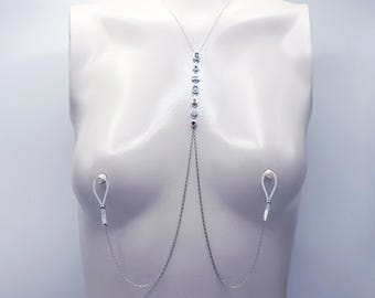 Platinum Necklace to Nipple with Colorful Gemstones and Your Choice of Nipple Attachment. MATURE