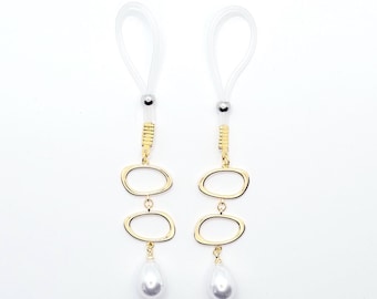 Gold and Pearl Nipple Dangles on Non-Piercing Nipple Nooses or Clamps, MATURE