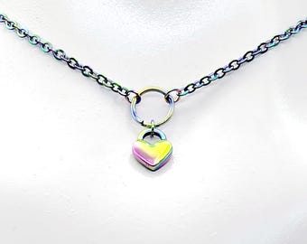 Rainbow Day Collar, Stainless Steel with Heart. Discreet Day Wear Collar Choker Necklace
