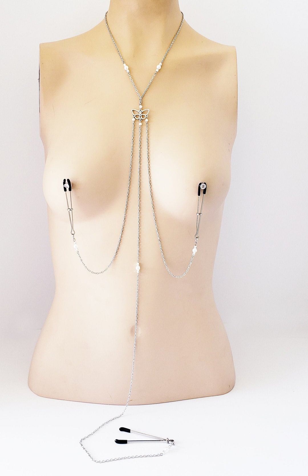 Triple Tweezer Clamp Butterfly and Pearl Necklace