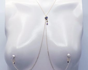 Gold Necklace to Nipple with Purple Heart and Pendants, on Your Choice of Nipple Attachment. MATURE