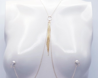 Gold Tassel Necklace to Nipple with Your Choice of Nipple Attachment. Non-Piercing, Piercing, or Nipple Clamps. MATURE