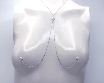 Star of David Necklace to Nipple with Sparkling Heart, Platinum Plated. Multiple Attachment Options. MATURE Body Jewelry